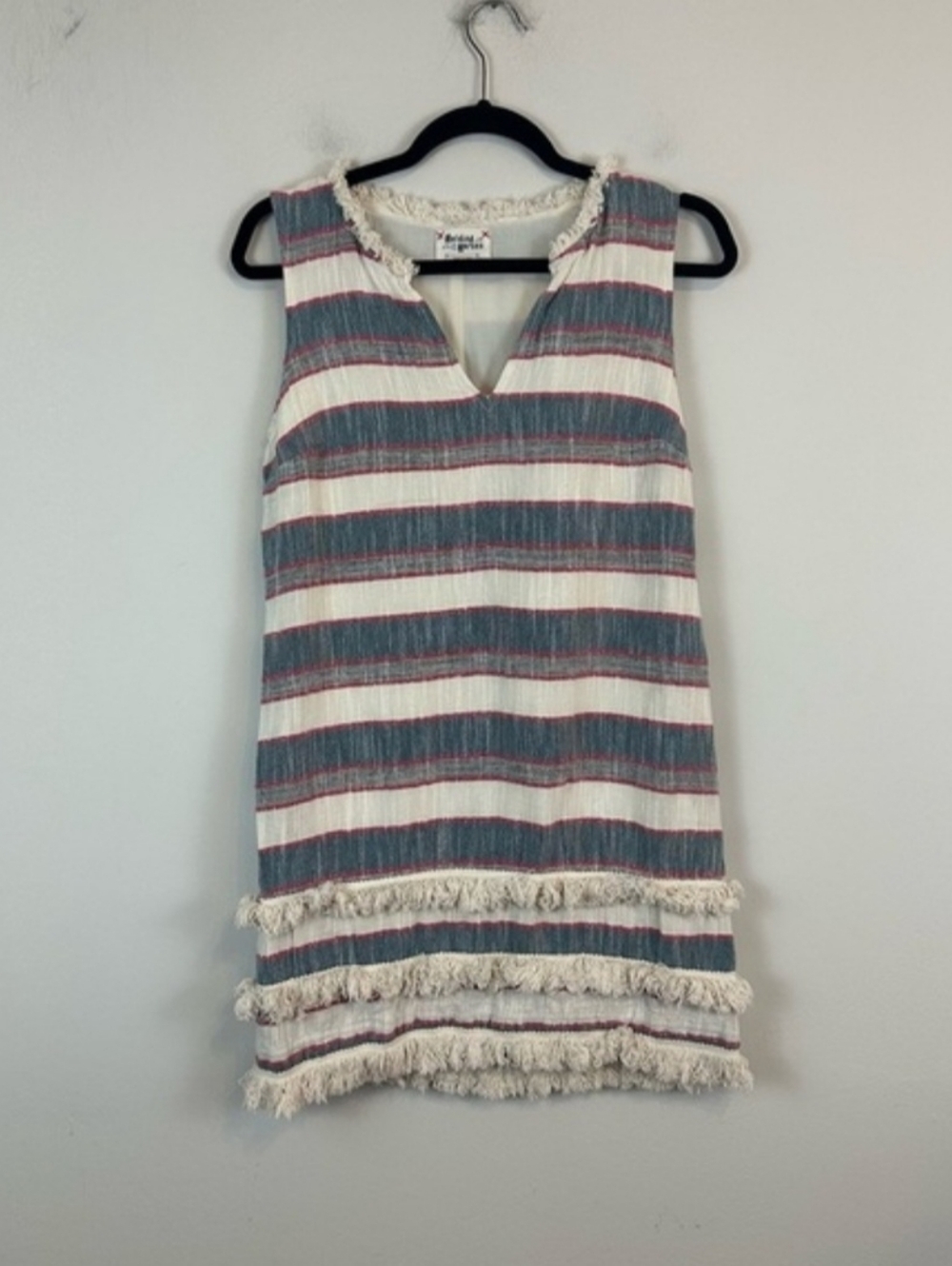 Anthropologie Holding Horses | Fringe Shift Dress Stripe Slit V-Neck Size 2